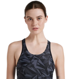 Women's Endurance 10 Hyperboom Printed Racerback Swimdress With Boyleg - Black & Oxid Grey