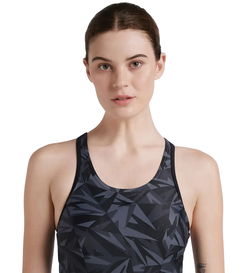 Women's Endurance 10 Hyperboom Printed Racerback Swimdress With Boyleg - Black & Oxid Grey