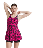 Women's Endurance 10 Hyperboom Printed Racerback Swimdress With Boyleg - Black & Electric Pink