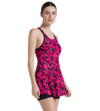 Women's Endurance 10 Hyperboom Printed Racerback Swimdress With Boyleg - Black & Electric Pink