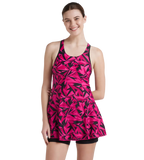 Women's Endurance 10 Hyperboom Printed Racerback Swimdress With Boyleg - Black & Electric Pink