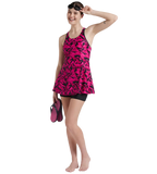 Women's Endurance 10 Hyperboom Printed Racerback Swimdress With Boyleg - Black & Electric Pink