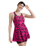 Women's Endurance 10 Hyperboom Printed Racerback Swimdress With Boyleg - Black & Electric Pink
