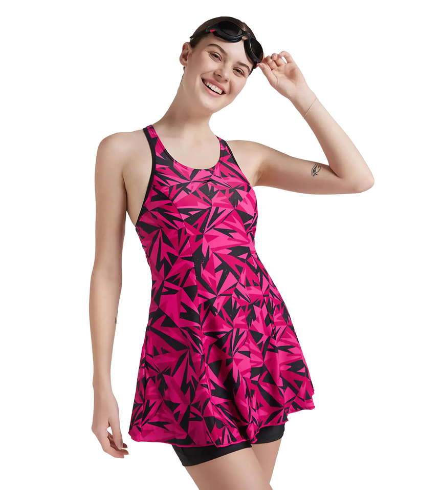 Women's Endurance 10 Hyperboom Printed Racerback Swimdress With Boyleg - Black & Electric Pink