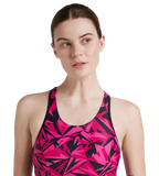 Women's Endurance 10 Hyperboom Printed Racerback Swimdress With Boyleg - Black & Electric Pink