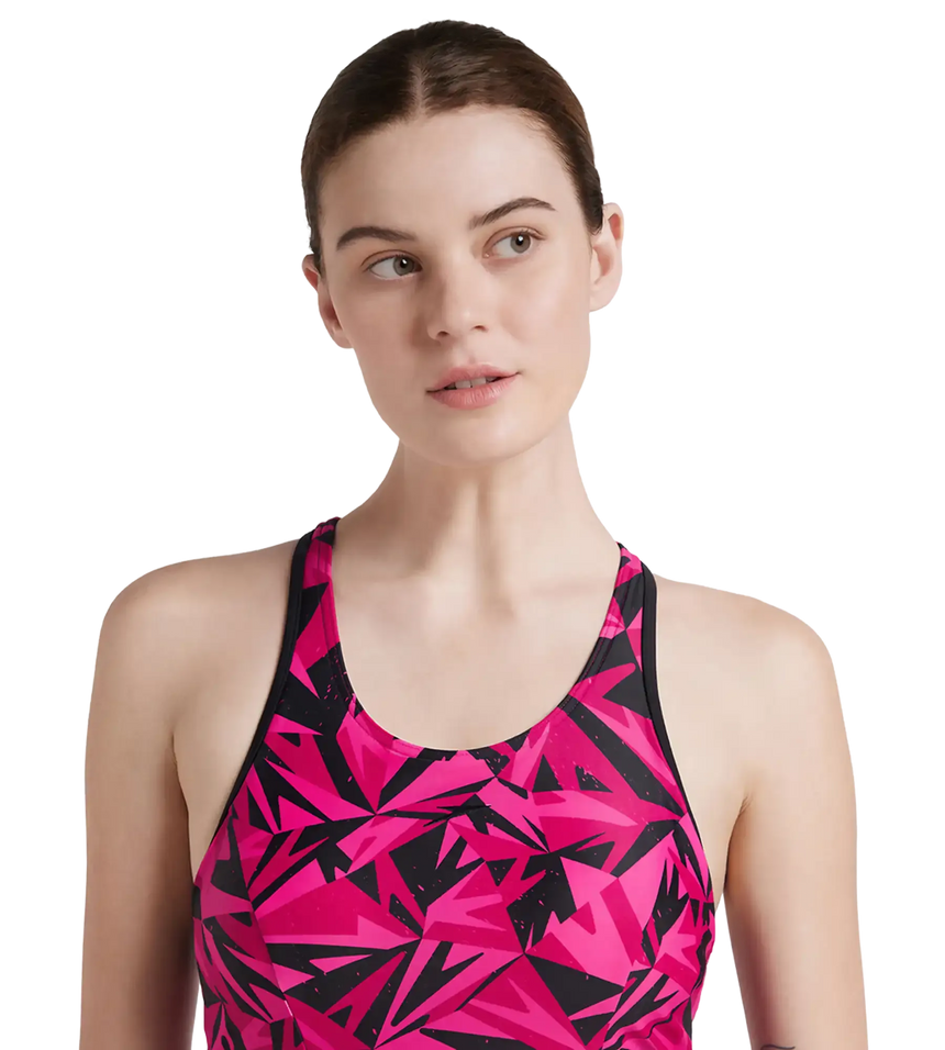 Women's Endurance 10 Hyperboom Printed Racerback Swimdress With Boyleg - Black & Electric Pink