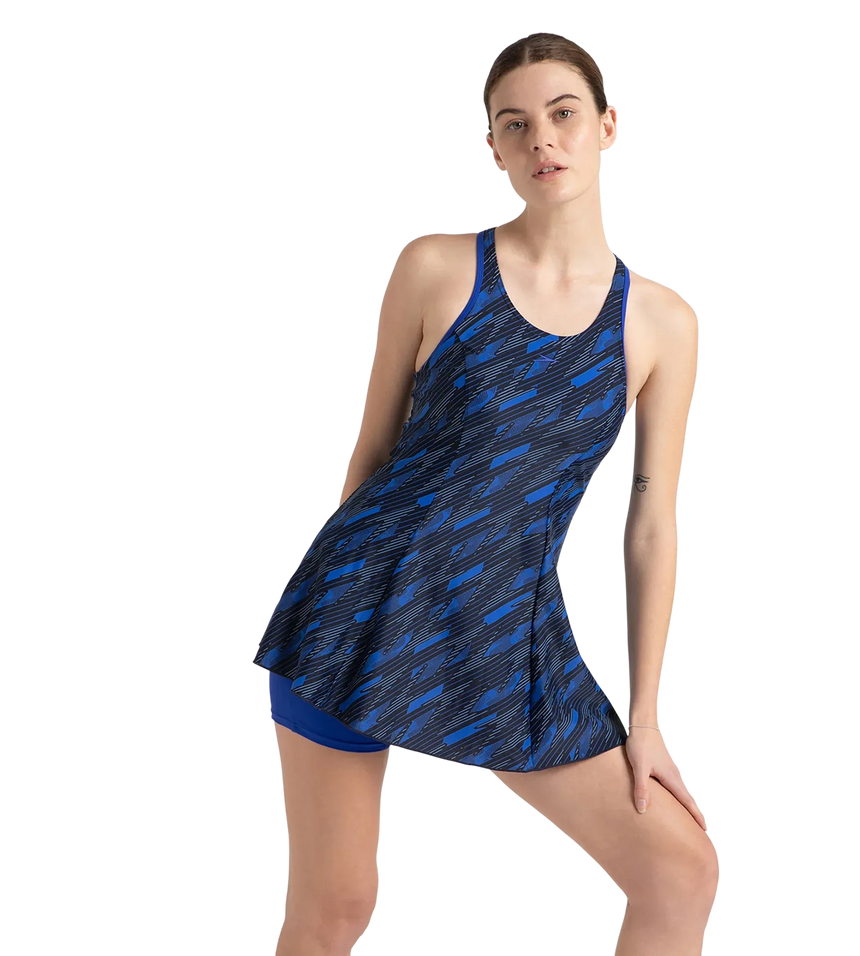 Women's Endurance 10 Hyperboom Printed Racerback Swimdress With Boyleg - True Navy & True cobalt