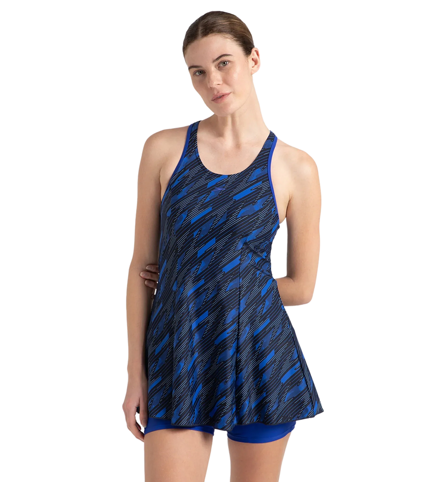 Women's Endurance 10 Hyperboom Printed Racerback Swimdress With Boyleg - True Navy & True cobalt