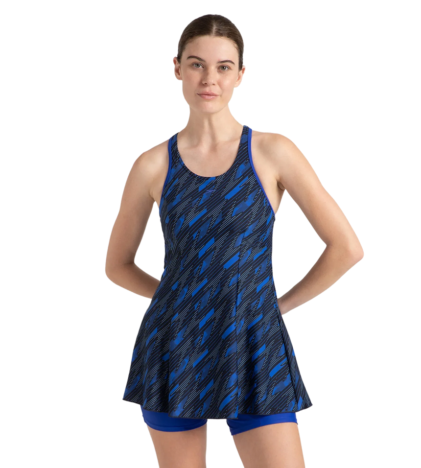 Women's Endurance 10 Hyperboom Printed Racerback Swimdress With Boyleg - True Navy & True cobalt