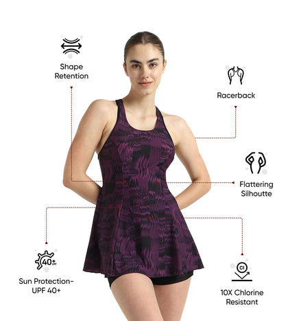 Women's Endurance10 Printed Racerback Swimdress With Boyleg - Black & Plum Dandy