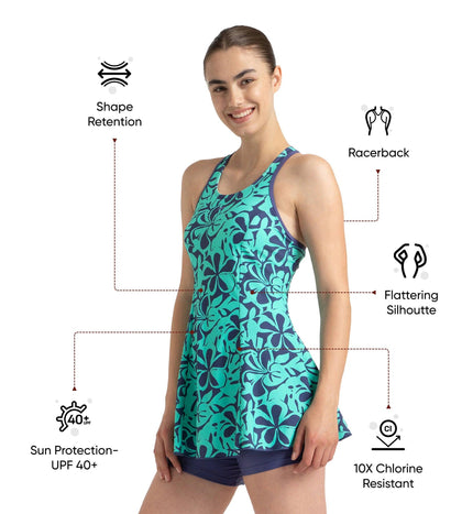 Women's Endurance10 Printed Racerback Swimdress With Boyleg - Hapuna Blue & Arctic Glass