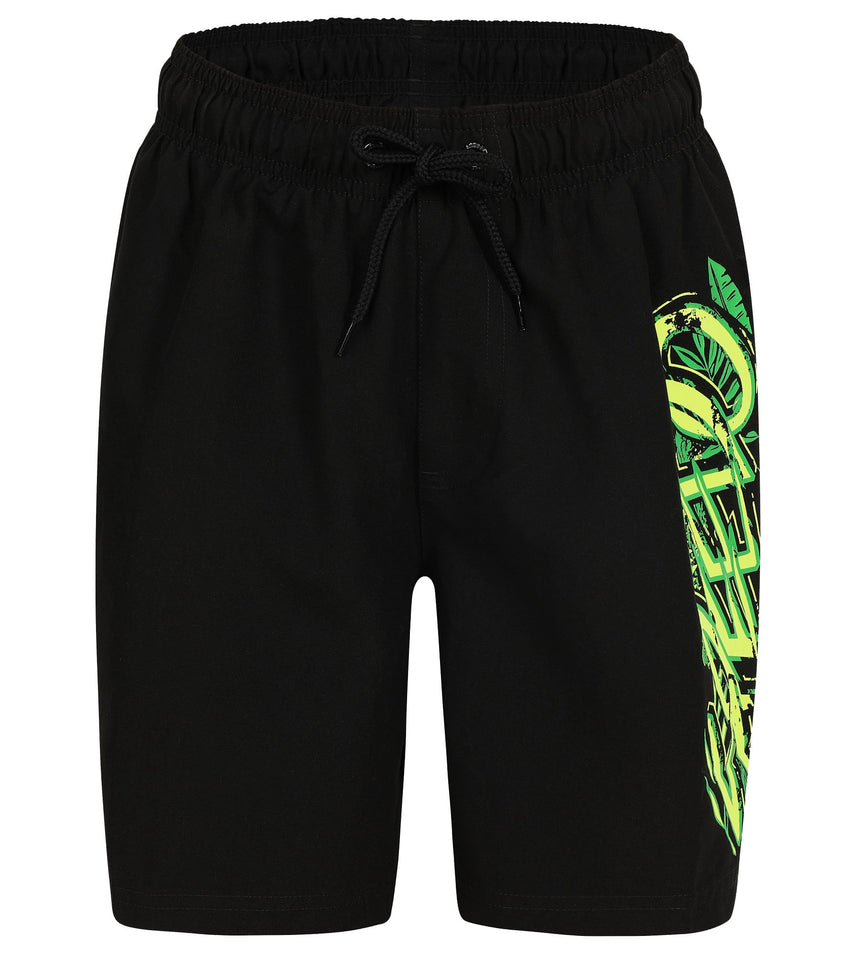 Boy's 100% Polyester Jungle Camo Graphic Printed Leisure Watershorts - Black, Fluo Green & Fluo Yellow