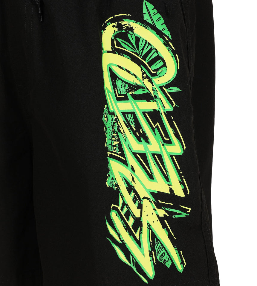Boy's 100% Polyester Jungle Camo Graphic Printed Leisure Watershorts - Black, Fluo Green & Fluo Yellow