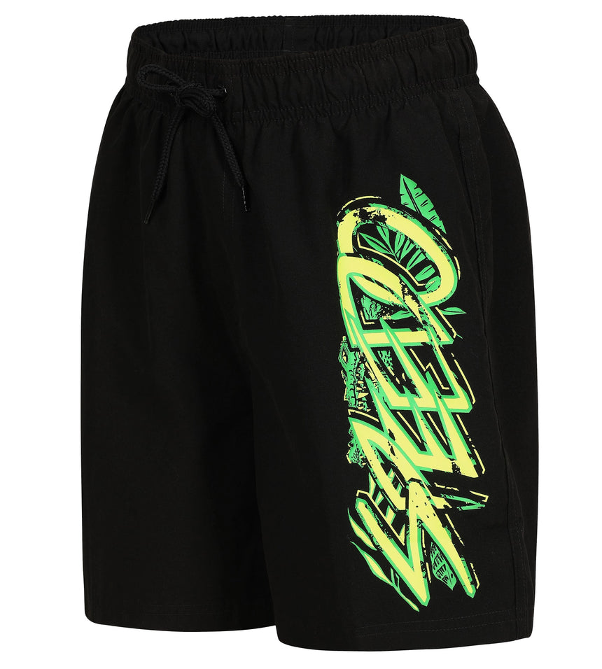 Boy's 100% Polyester Jungle Camo Graphic Printed Leisure Watershorts - Black, Fluo Green & Fluo Yellow