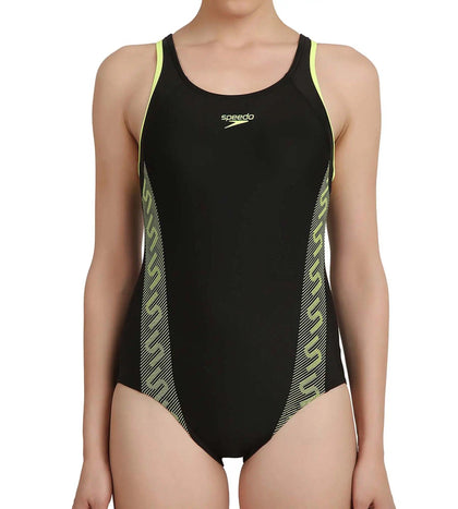 Women's Endurance 10 Monogram Racerback One Piece Swimwear - Black & Fluo Yellow_5