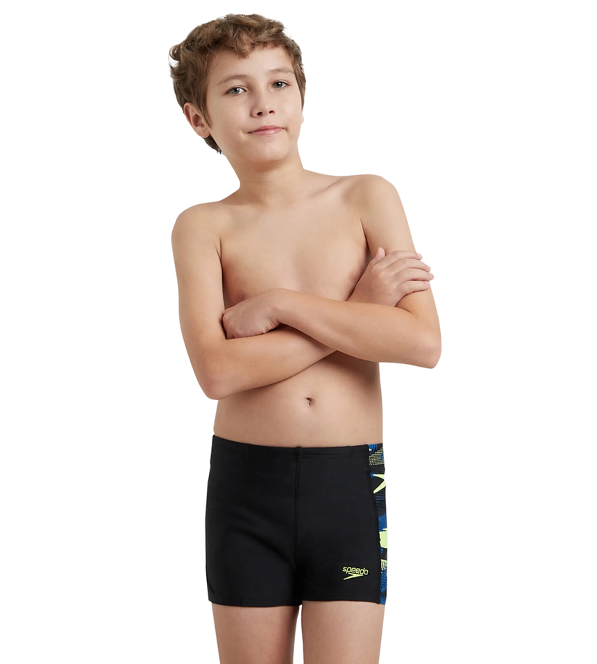 Boy's Endurance10 Hyperboom Panel Print Aquashort - Black, Turkish Sea & Hyper Yellow