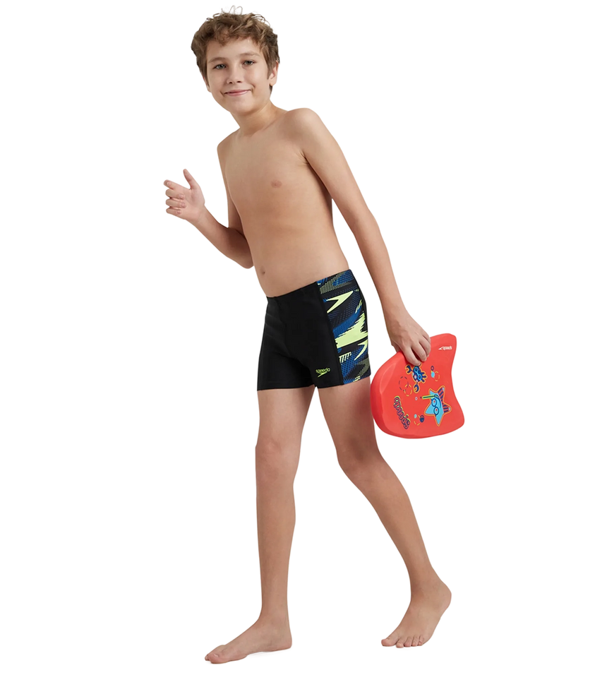 Boy's Endurance10 Hyperboom Panel Print Aquashort - Black, Turkish Sea & Hyper Yellow