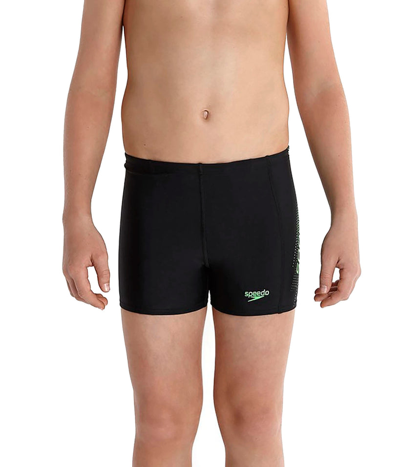 Boys Endurance+ Sports Logo Panel Printed Aquashort - Black & Fluo Green
