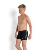 Boys Endurance+ Sports Logo Panel Printed Aquashort - Black & Fluo Green