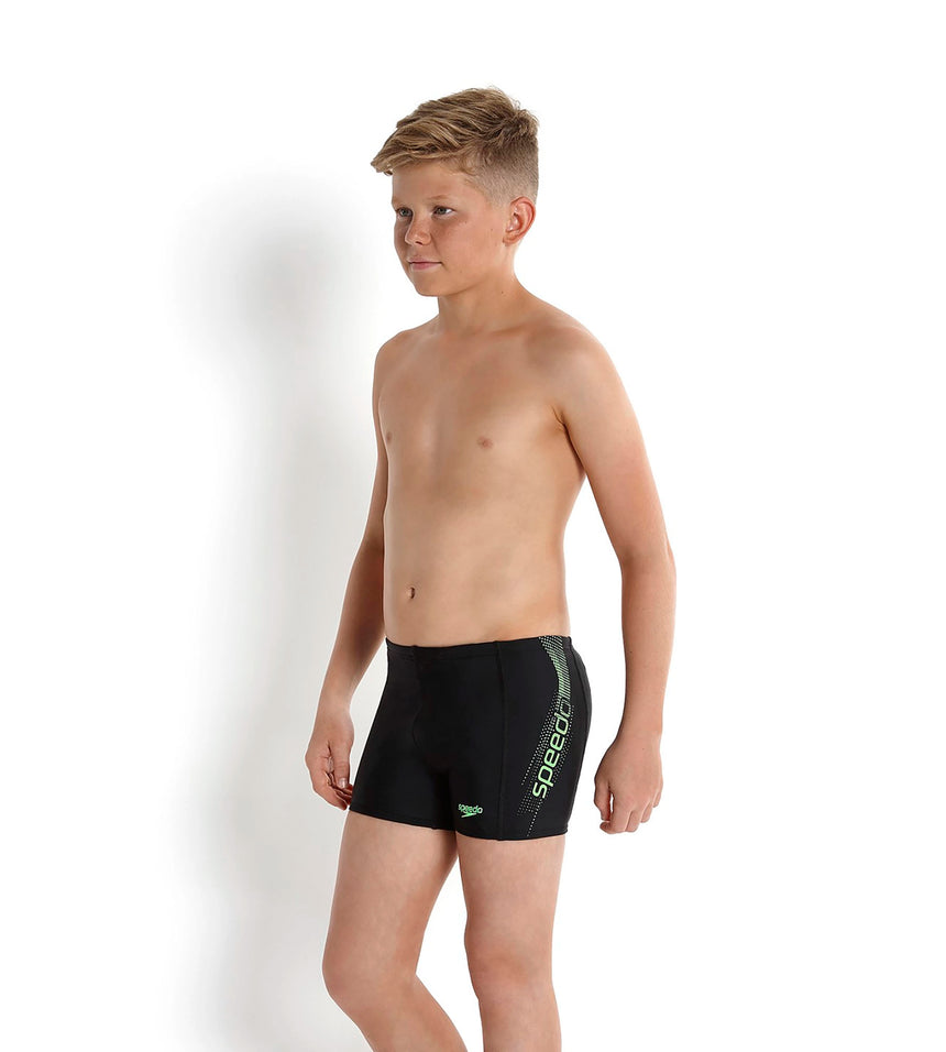 Boys Endurance+ Sports Logo Panel Printed Aquashort - Black & Fluo Green
