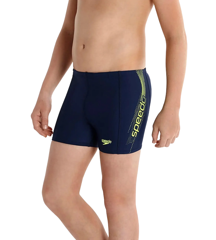 Boy's Endurance 10 Sports Logo Panel Aquashort - Navy & Fluo Yellow