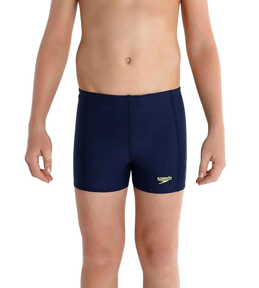 Boy's Endurance 10 Sports Logo Panel Aquashort - Navy & Fluo Yellow