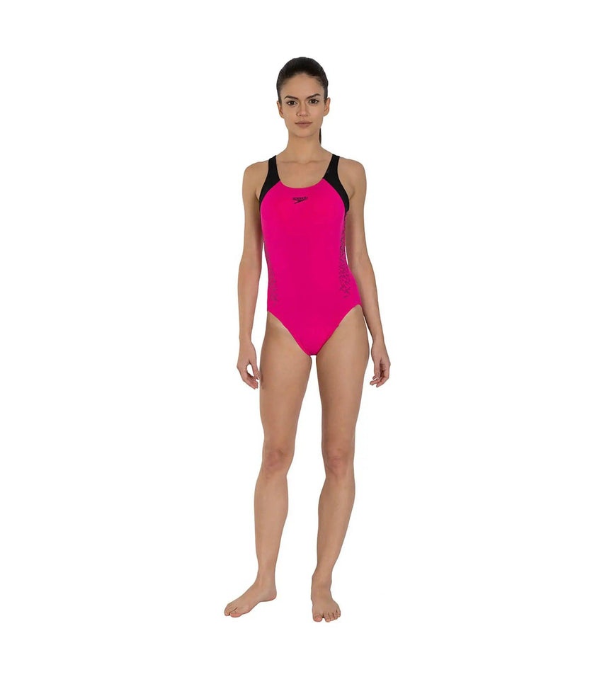 Women's Endurance+ Boom Splice Racerback One Piece Swimwear - Electric Pink & Black