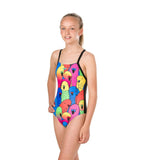 Girls Endurance 10 Placement Digital Crossback V-Cut Swimsuit - Black & Chroma Blue
