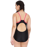 Girl's Endurance 10 Heritage Logo Thinstrap Muscleback One Piece V-Cut Swimsuit - Black & Raspberry Fill