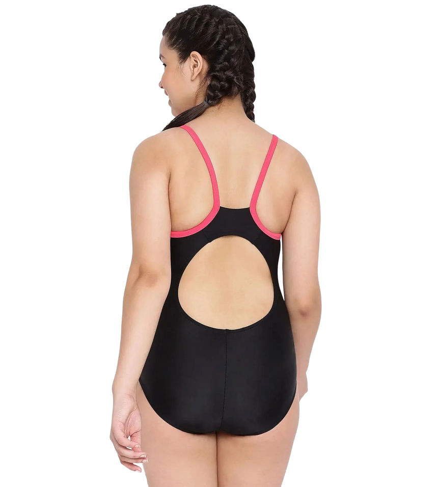 Girl's Endurance 10 Heritage Logo Thinstrap Muscleback One Piece V-Cut Swimsuit - Black & Raspberry Fill