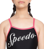 Girl's Endurance 10 Heritage Logo Thinstrap Muscleback One Piece V-Cut Swimsuit - Black & Raspberry Fill