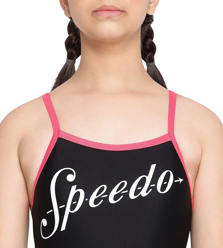 Girl's Endurance 10 Heritage Logo Thinstrap Muscleback One Piece V-Cut Swimsuit - Black & Raspberry Fill