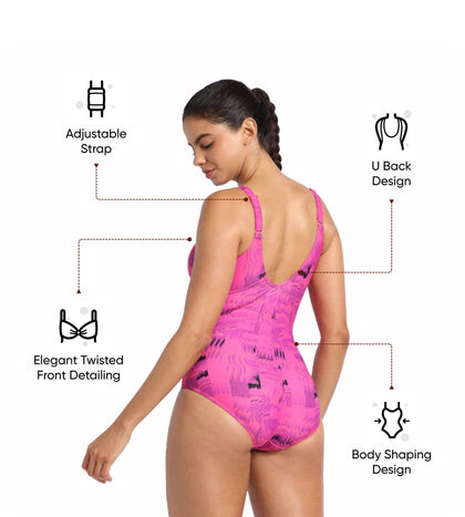 Women's Endurance 10 Brigitte Printed One Piece Swimwear - Black & Wineberry
