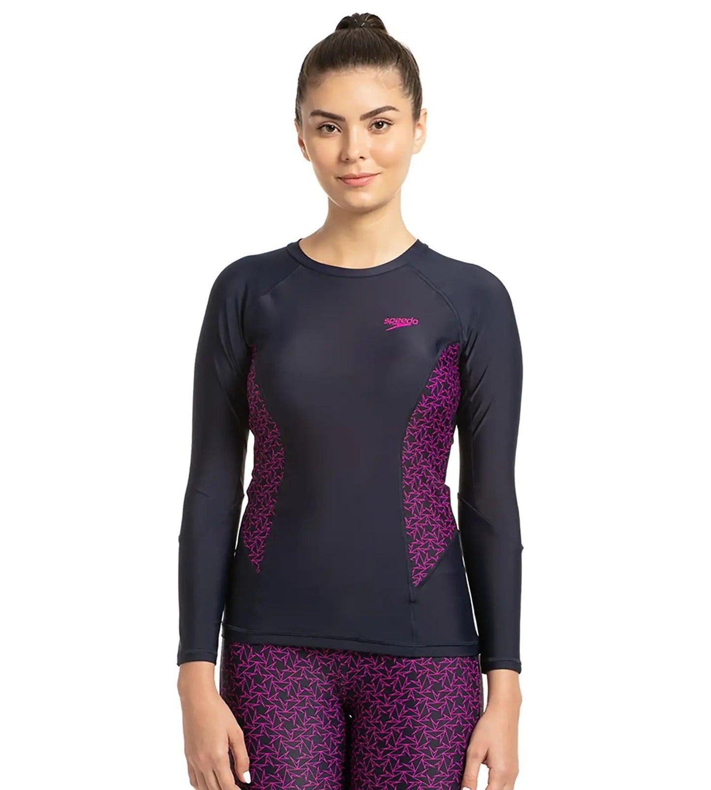 Women's Endurance Boomstar Printed Long Sleeve Suntop - True Navy & Electric Pink_1