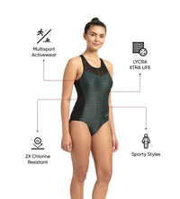 Women's Power Flex Mesh Panel One Piece Swimwear - Black & Greenglow