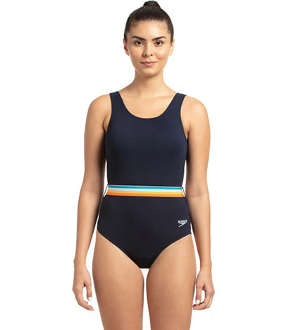 Women's Endurance+ Belted U-Back One Piece Swimwear - True Navy & Orange Fizz_1