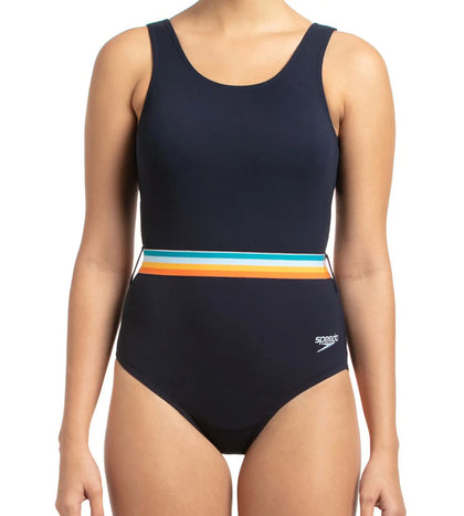 Women's Endurance+ Belted U-Back One Piece Swimwear - True Navy & Orange Fizz_4