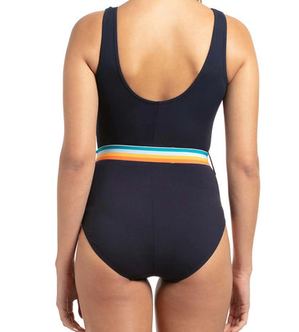 Women's Endurance+ Belted U-Back One Piece Swimwear - True Navy & Orange Fizz_5