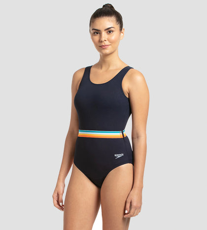 Women's Endurance+ Belted U-Back One Piece Swimwear - True Navy & Orange Fizz