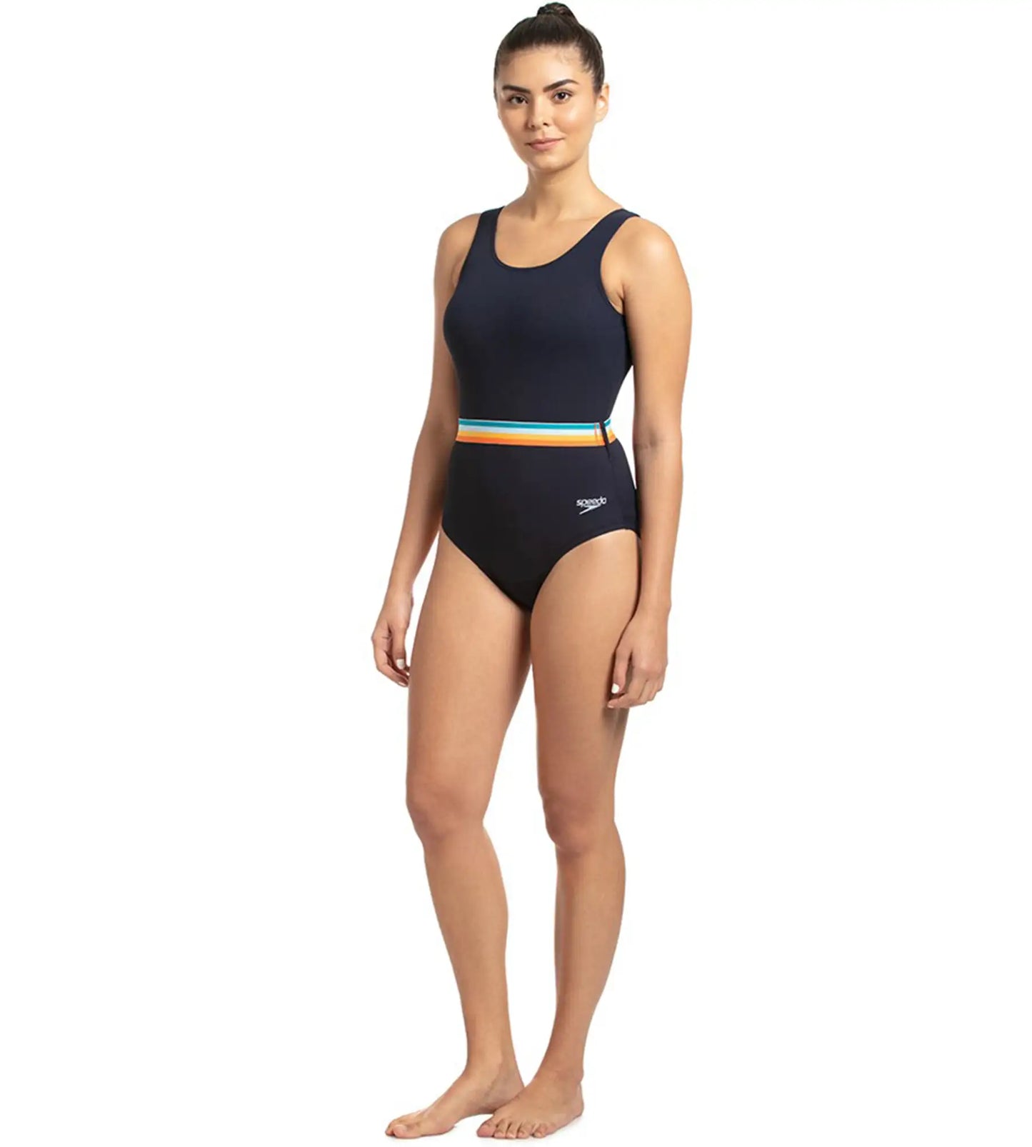Women's Endurance+ Belted U-Back One Piece Swimwear - True Navy & Orange Fizz_2