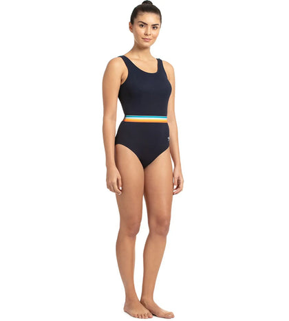 Women's Endurance+ Belted U-Back One Piece Swimwear - True Navy & Orange Fizz_3