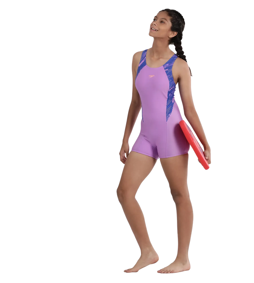 Girl's Recycled Endura Brite Hyperboom Splice Muscleback Legsuit Swimwear - Sweet Purple & True Cobalt