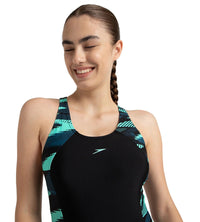 Women's Endurance10 Hyperboom Printed Splice Racerback Legsuit - Black, Dark Teal & Arctic Glass