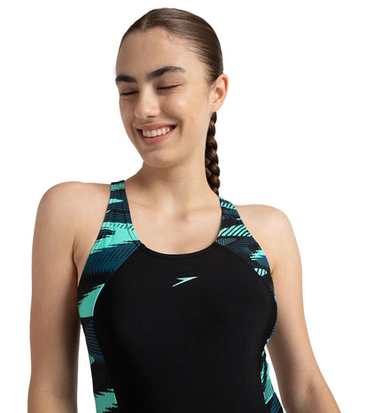 Women's Endurance10 Hyperboom Printed Splice Racerback Legsuit - Black, Dark Teal & Arctic Glass