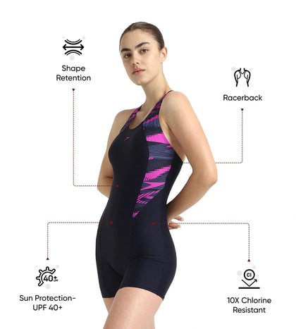 Women's Endurance10 Hyperboom Printed Splice Racerback Legsuit - True Navy, Hapuna Blue & Diva