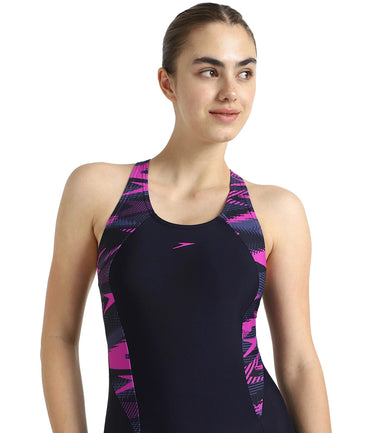 Women's Endurance10 Hyperboom Printed Splice Racerback Legsuit - True Navy, Hapuna Blue & Diva