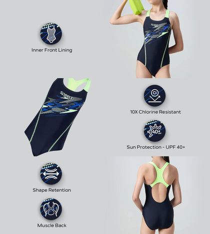 Gir's Endurance10 Medley Print Muscleback V-Cut One Piece Swimsuit - True Navy & Pale Clover