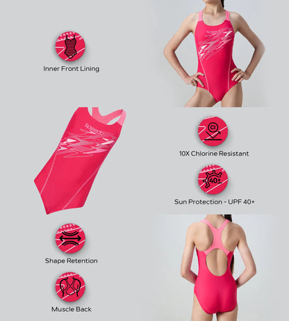 Gir's Enduraflex Medley Print Muscleback V-Cut One Piece Swimsuit - Ruby & Pink Lemonade