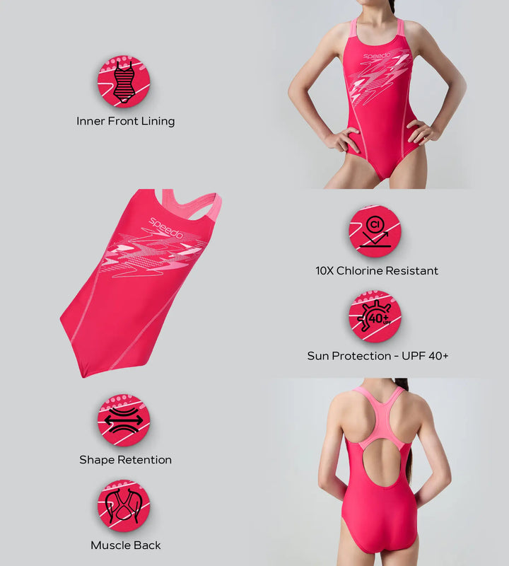 Gir's Enduraflex Medley Print Muscleback V-Cut One Piece Swimsuit - Ruby & Pink Lemonade