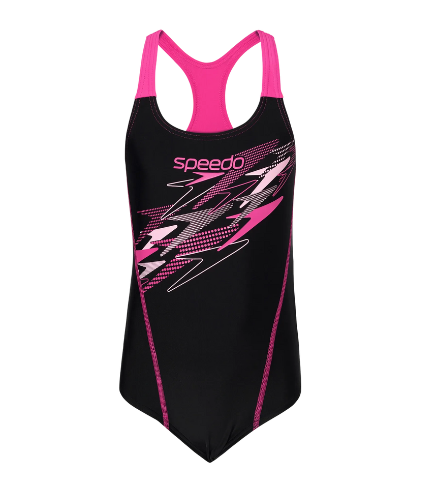 Gir's Endurance10 Medley Print Muscleback V-Cut One Piece Swimsuit - Black & Margarita Pink
